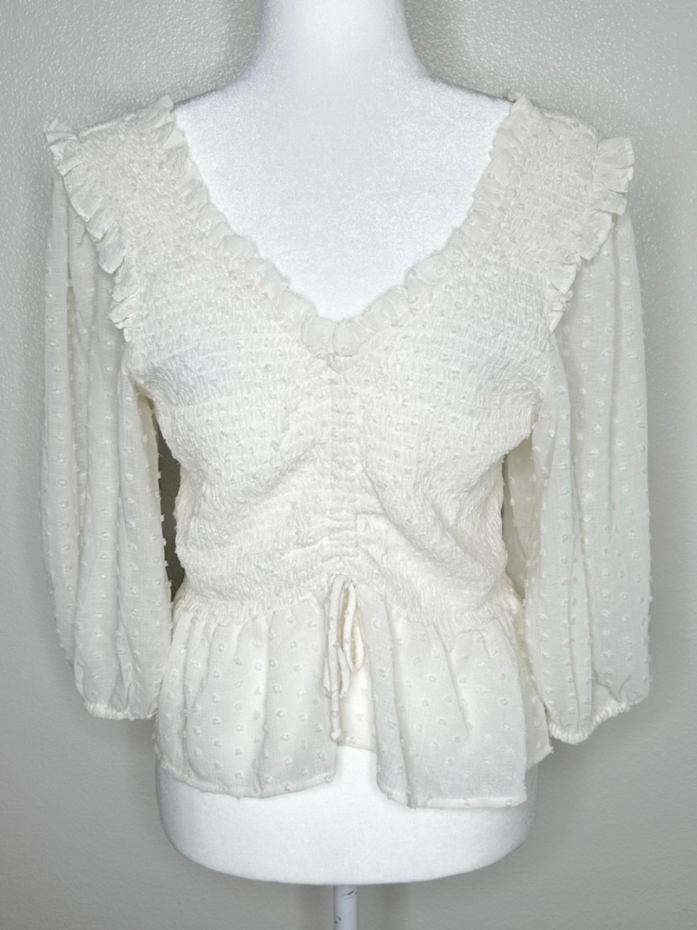 TopShop Womens Ivory Clip Dot V-Neck Ruched Top Balloon Sleeve Size 12